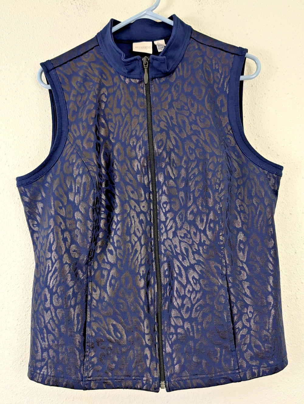 Weekends by Chico's sz 2 or 12 or L Leopard Print knit Vest stretch blue 4603